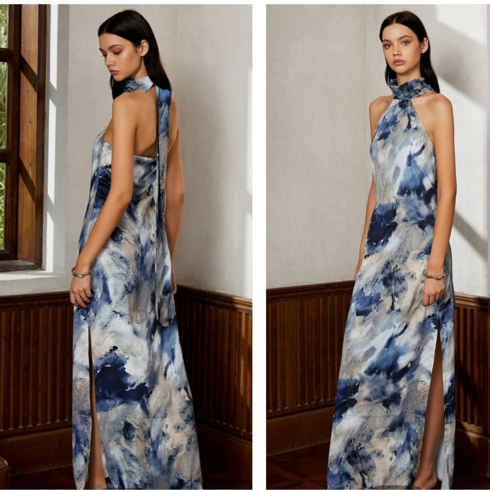 Commense love era tie dye satin halter long dress Sz L blue A15